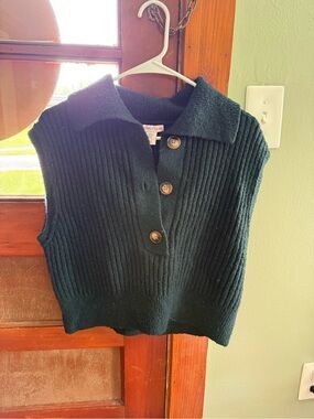 Dark Green Ribbed Button-Up Knit Sweater Vest